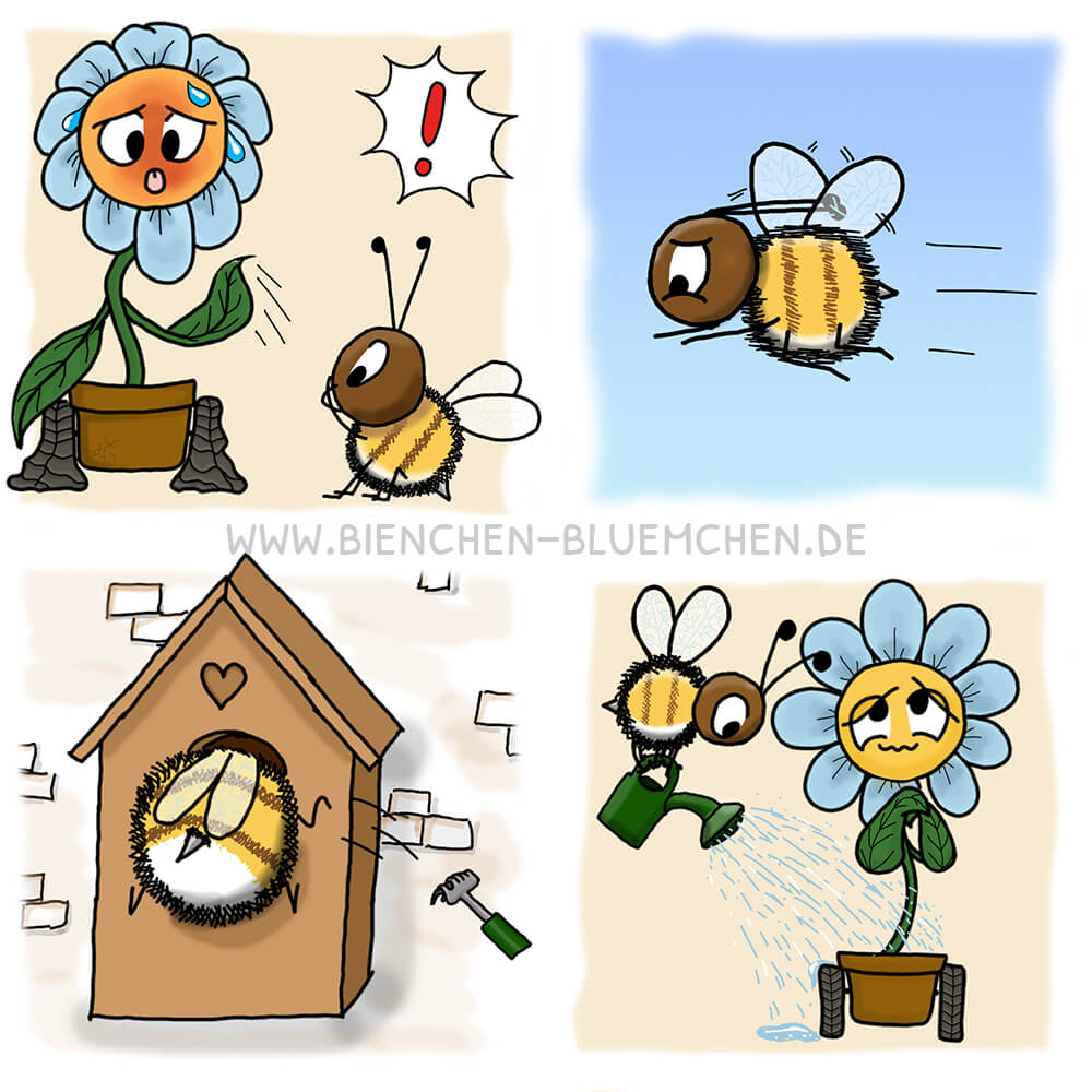 Comic, wie Blümchen fast vertrocknet, aber Bienchen loszieht, um eine Gießkanne zu suchen. Bienchen wässert Blümchen.